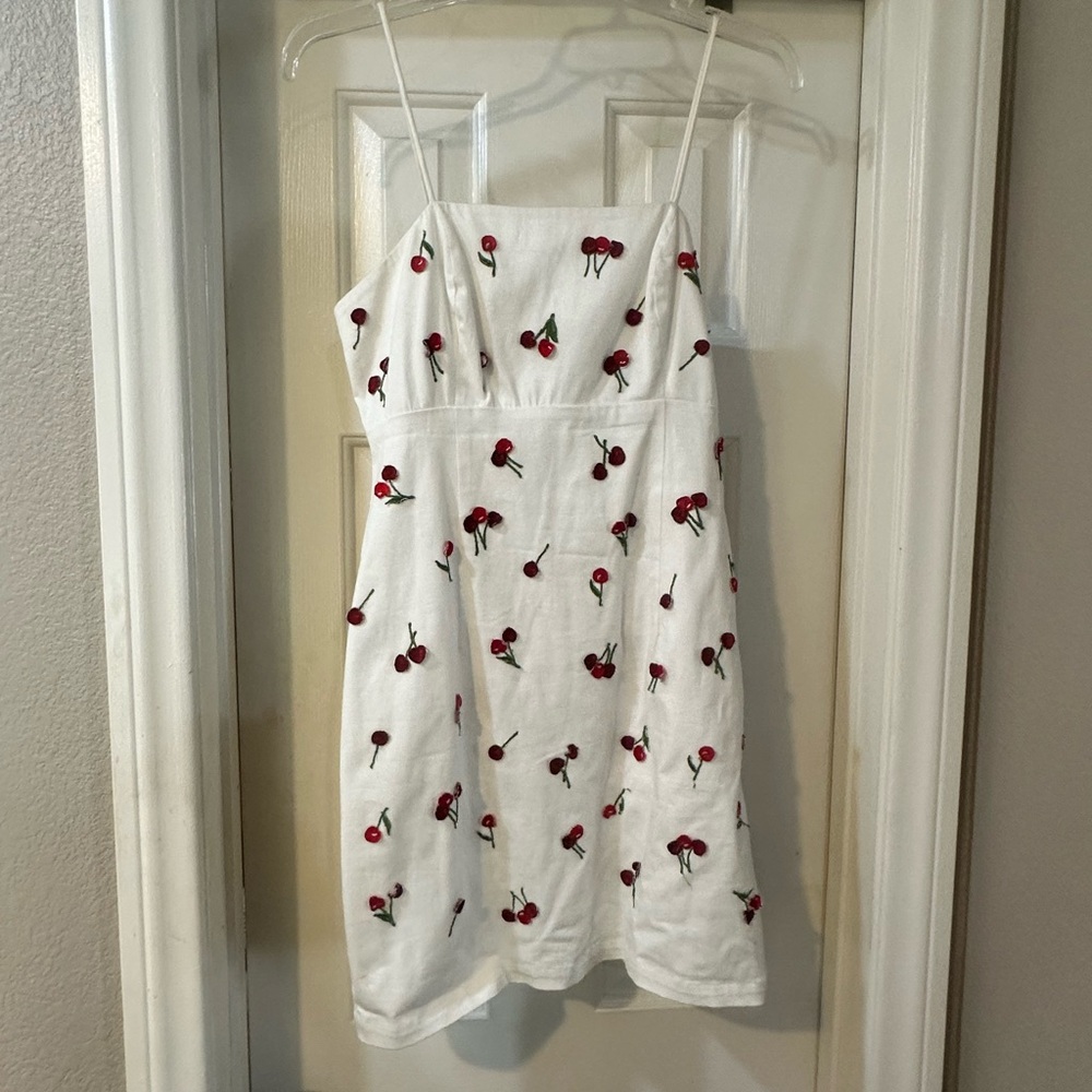 Maeve Cream Mini Dress with Cherry Embroidery